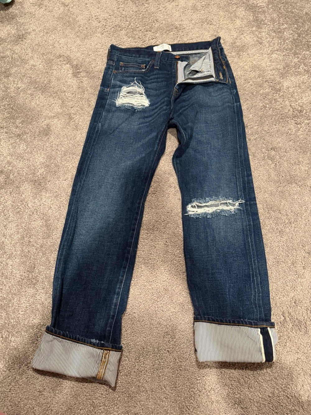 J Crew Distressed Dark Blue Jeans - Classic Slim Fit with striped cuff